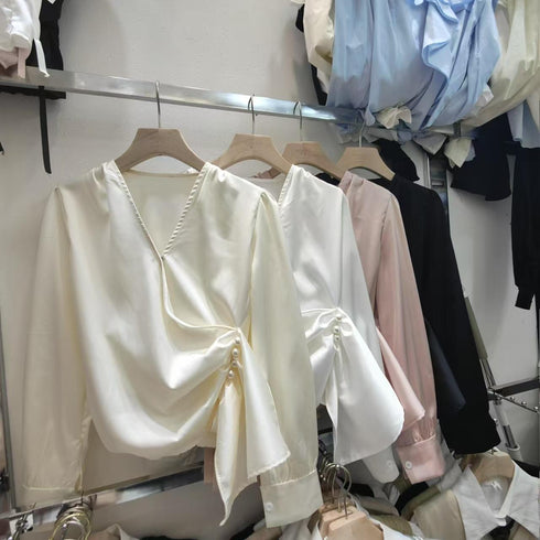 Stylish Formal V-Neck Long Sleeves Satin Tops